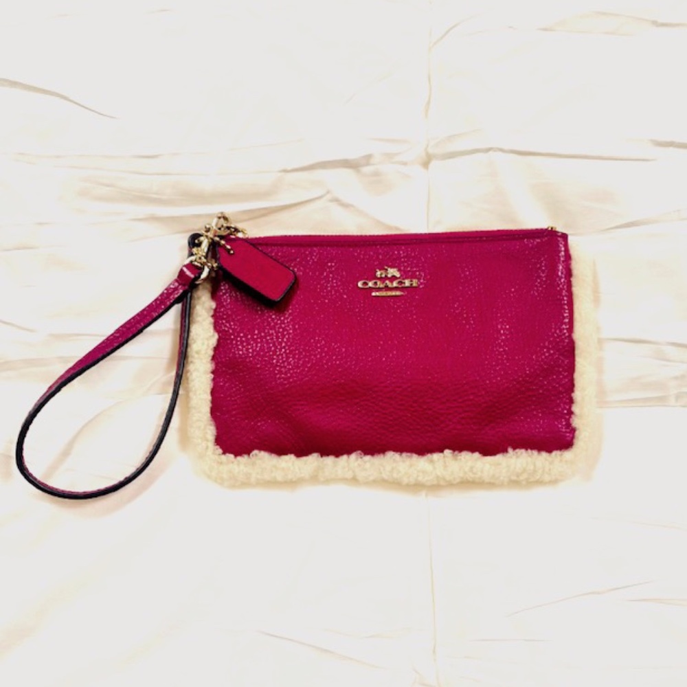 Coach Wristlet New York Shearling Natural Leather Mix F64709 Mini Saddle